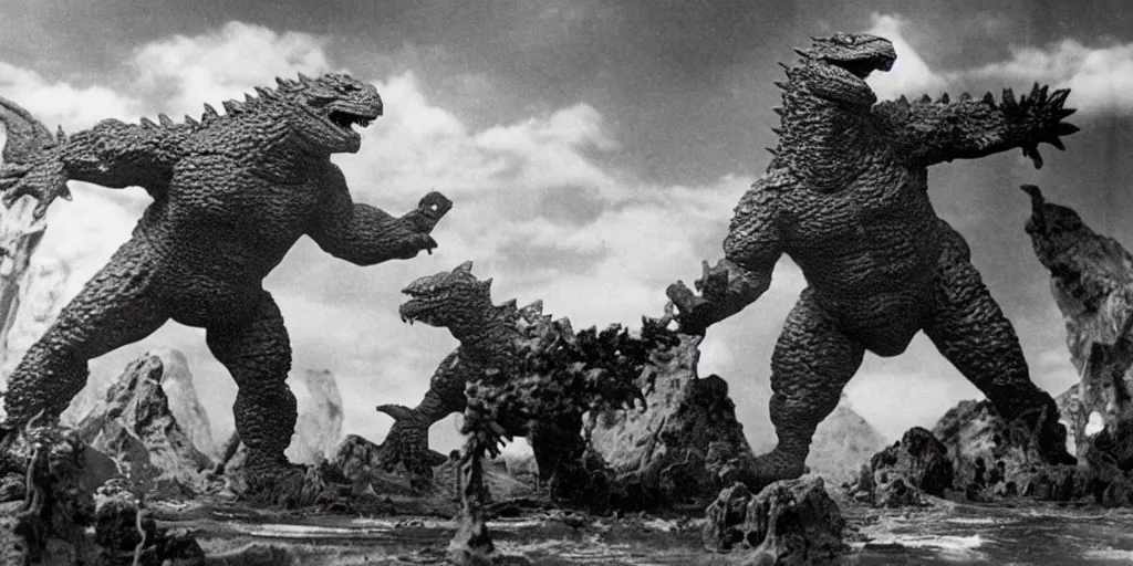 Image similar to a photo of godzilla tron fighting claymation rodan