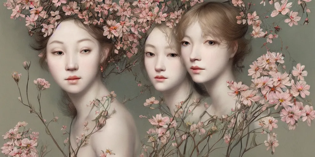 Prompt: breathtaking detailed concept art painting pattern of blonde short hair faces weird girls with anxious piercing eyes and blend of flowers and birds, by hsiao - ron cheng and john james audubon, bizarre compositions, exquisite detail, extremely moody lighting, 8 k