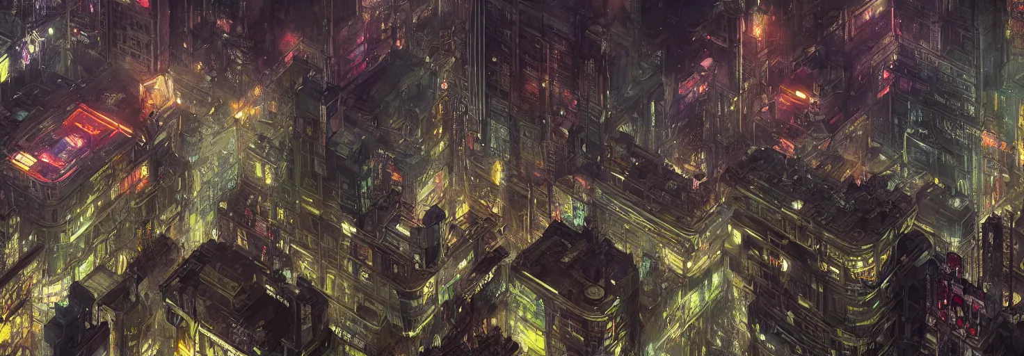 Prompt: Panorama hyper detailed painting of a polluted cyberpunk cityscape with art nouveau styled architecture and blade runner aesthetics at night, 8 mm, highly detailed, digital mixed media style painting, artstation, concept art, smooth, sharp focus, illustration, hyperrealism, photorealism, art by bill sienkiewicz, greg rutkowski and alphonse mucha