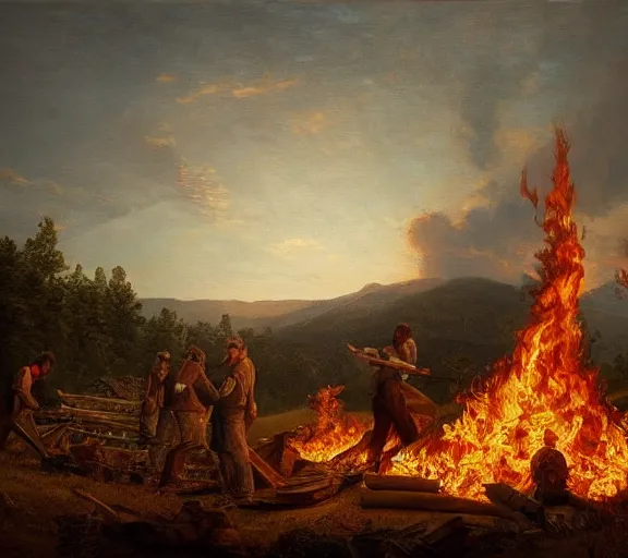 Prompt: landscape portrait of a an immense funeral pyre, with tyler childers throwing dollar bills onto it, by william sidney mount, trending on artstation