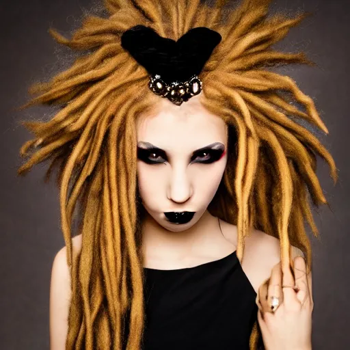 Image similar to modeling headshot photography flawless young beautiful gothic female with blonde and red dreadlocks in a black ballgown, dark, piercing clear eyes, symmetrical golden ration exotic stoic expression, photorealistic, highly detailed, mysterious lighting, smooth, sharp focus, 8 0 mm camera