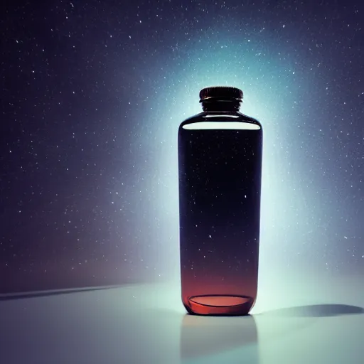 Prompt: a distant universe contained inside a bottle, octane render, close - up studio photo, studio lighting, path traced, highly detailed, high quality, hyperrealistic, concept art, digital art, trending on artstation, cinematic, high coherence, epic scene, 8 k hdr, high contrast,
