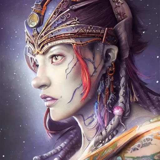 Image similar to a WLOP 3d render of Very very very very highly detailed beautiful mystic portrait of a phantom warrior with galaxy, tattoos by Anton Pieck, intricate, extremely detailed, digital painting, artstation, concept art, smooth, sharp focus, illustration, intimidating lighting, incredible art,