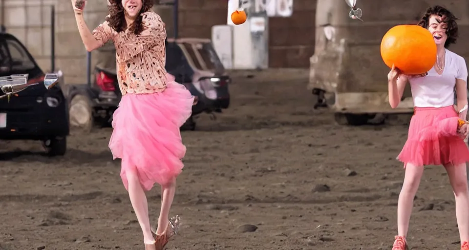 Image similar to harry styles on the moon juggling oranges with a pink skirt