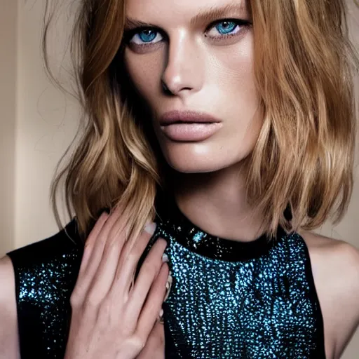 Image similar to A beautiful portrait of Julia Stegner as a model at Versace fashion show Spring/Summer 2014, highly detailed, in the style of cinematic, fashionweek backstage,makeup by Pat Mcgrath, Shot by Benny Horne