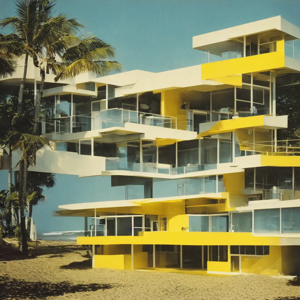 Prompt: architecture ad for a mid-century modern house on the beach, designed by Norman Foster. Film grain, cinematic, yellow hue