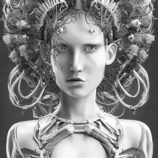 Image similar to closeup portrait of an absurdly beautiful, graceful, sophisticated, fashionable cyberpunk mechanoid gravure idol, ultrafine hyperdetailed illustration by irakli nadar, matt wisniewski style, marvel comics, intricate linework, porcelain skin, neon jellyfish headdress, ivory carved ruff, unreal engine 5 highly rendered, global illumination, radiant light, detailed and intricate environment