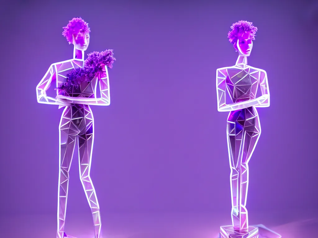 Image similar to beautiful mannequin sculpted out of amethyst by billelis + lit with purple 3 d geometric neon + chrome geometric cubed bonsai plants!!!!, doorway opening with neon pink geometric light, clean linework, dramatic, finely detailed, rule of thirds, moody, confident, award winning, 4 k, trending on artstation, photorealistic, volumetric lighting, octane render