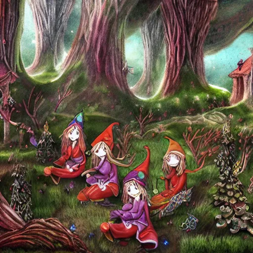 Prompt: highly detailed commune of hedonist elves. the elves are carefree and playful. digitally painted forest scene. The elves each have the face of famous musician !!!!!Ed Sheeran!!!!!. pixiv, artbreeder. high quality art