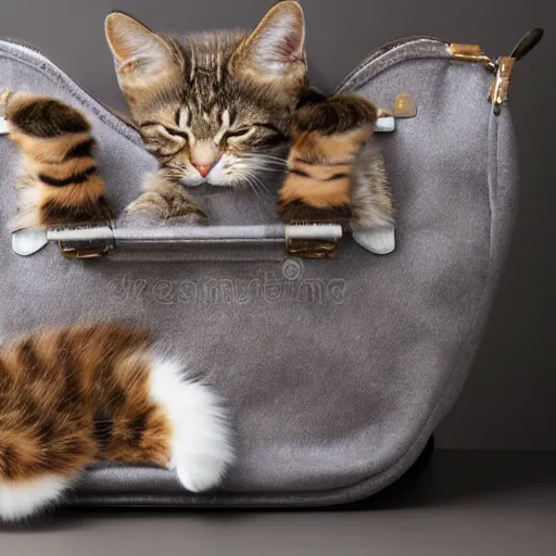 Prompt: lots of furry cats inside a big handbag, the handbag is over a wood table, stock photo, gray background, studio lighting, detailed photo, 4 k, 8 k