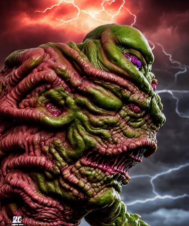 Image similar to hyperrealistic rendering, epic boss battle, cronenberg flesh monster, by art of skinner and richard corben, product photography, collectible action figure, sofubi, hottoys, storm clouds, outside, lightning