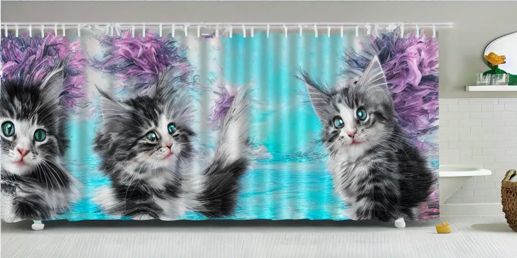 Image similar to a main coon kitten little mermaid themed shower curtain, product photography. digital art. 4 k, highly detailed.