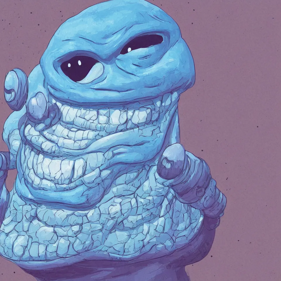 Prompt: portrait of a fat alien with blue skin. big smile. friendly alien. concept art. science fiction illustration. close up of the face. key panel art graphic novel. detailed face, beautiful colour palette. digital painting.