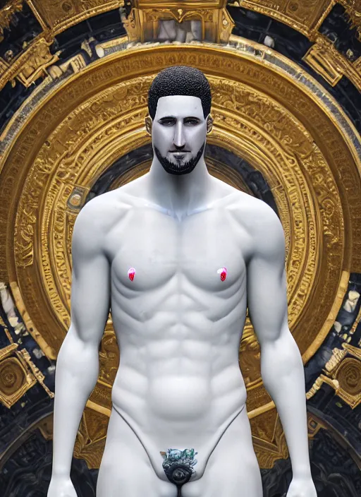 Image similar to a statue made of white marble with gold veins, of klay thompson, full body shot, perfect symmetrical body, perfect symmetrical face, hyper realistic, hyper detailed, by johannen voss, by peter kemp, by monia merlo, by michelangelo, by ernst haeckel, octane render, blender, 8 k