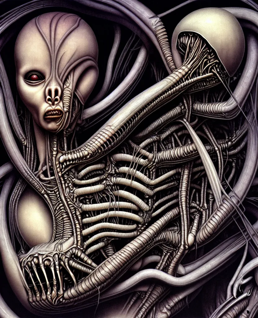 Image similar to newborn from alien, by hr giger, hd, hyper detailed, 4 k, depth perception, depth of field, neo - gothic, gothic. art by evelyn de morgan!!!, masterpiece