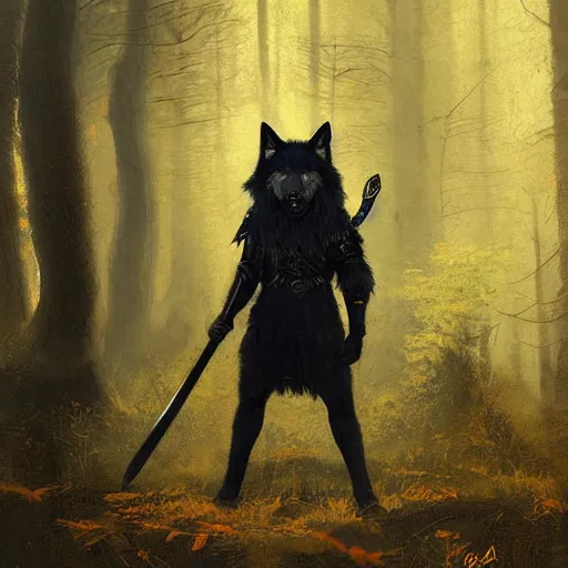 Prompt: furry anthro digital art of an anthropomorphic fluffy black wolf warrior man wearing a yellow cloak standing in the forest holding a sword in his hands Greg Rutkowski masterpiece portrait