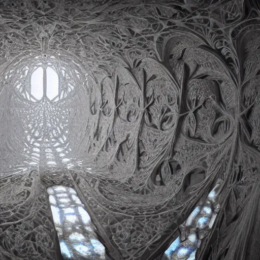 Prompt: a hyperrealistic 3 d render of a huge sprawling fractal cathedral interior populated by mandelbrot fractals by android jones, unreal engine, carved stone, carved soap, white color scheme, volumetric lighting, octane render, dramatic lighting, glowing, carved marble, opalescent, sacred geometry, religious, angelic, catholicpunk, stark, 8 k, ultra detailed