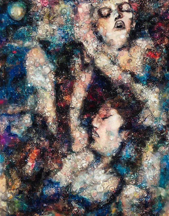 Prompt: celestial midnight orgasm of sophisticated bodies detailed analogue mixed media collage with canvas texture in style of contemporary art, punk art, hyperrealistic beautiful face, photorealism, expressionism, masterpiece, perfect composition, spectacular quality, intricate oil details, broken glass