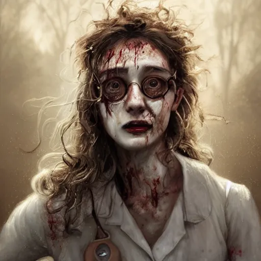 Prompt: epic portrait a zombie in a white nurse uniform, dirty, bloody, curly hair, broken glasses digital painting, artstation, concept art, soft light, hdri, smooth, sharp focus, illustration, fantasy, intricate, elegant, highly detailed, D&D, matte painting, in the style of Greg Rutkowski and Alphonse Mucha and artemisia, 8k, highly detailed, jurgens, rutkowski, bouguereau, pastoral, rustic, georgic