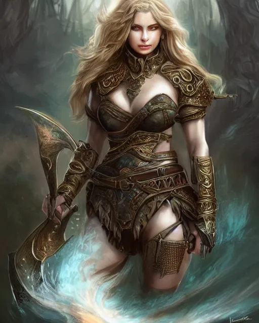 Image similar to a beautiful female warrior, 8 k, hyperrealistic, dragon slayer, hyperdetailed, fantasy portrait by laura sava