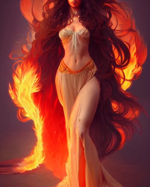 Image similar to beautiful long haired girl, fire dress, full body photo, flames everywhere, highly detailed, digital painting, artstation, concept art, smooth, sharp focus, illustration, art by artgerm and greg rutkowski and alphonse mucha