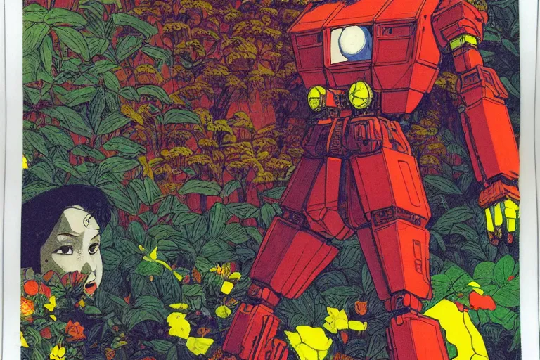 Image similar to risograph grainy drawing vintage sci - fi, satoshi kon color palette, gigantic gundam, covered with exotic flora, 1 9 8 0, kodachrome, natural colors, comicbook spreadsheet, codex seraphinianus painting by moebius and satoshi kon and dirk dzimirsky close - up portrait