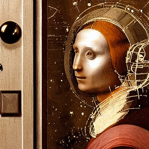 Image similar to photo - realism, space astronaut opening door that shows space and time created by leonardo davinci with extra detail, epic.