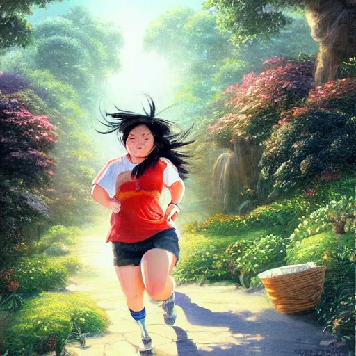 Prompt: portrait of a chubby taiwanese woman running, an oil painting by ross tran and thomas kincade, studio ghibli