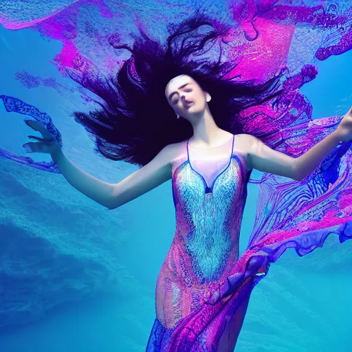 Image similar to woman dancing underwater wearing a flowing dress made of many layers of blue, magenta, and yellow translucent lace, elegant coral sea bottom, swirling silver fish, octane render, caustics lighting from above, cinematic