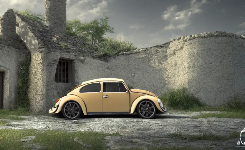 Image similar to a vw beetle parked near a small medieval stone house at sunrise, concept art, octane render, unreal engine 5, trending on artstation, high quality, 8 k, soft lighting, path traced, hyperrealistic, highly detailed, digital art, symmetrical, cinematic, high coherence, godrays