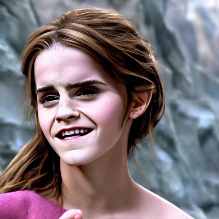 Image similar to Joyful! smiling Emma Watson wearing cyborg prosthetic, from The emperor's new groove (2000). Clear body. Light Clothes. Cinematic. Professional Photo. Low angle. 8k. Clear Face.