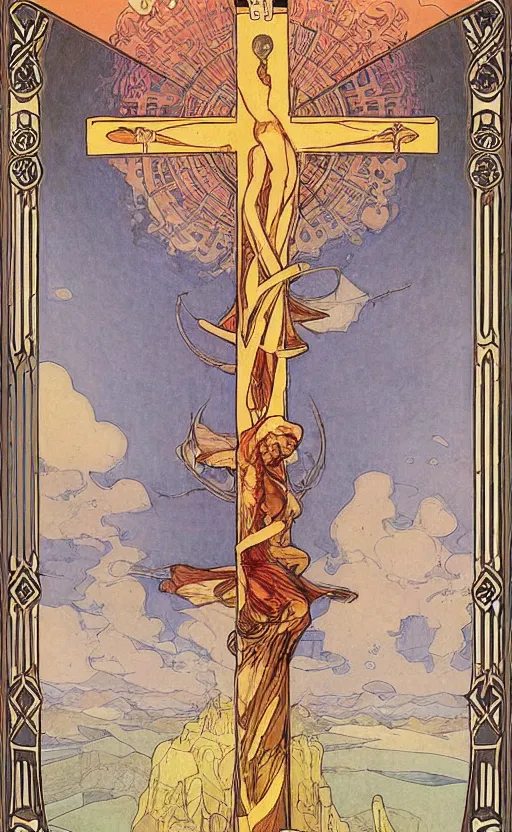 Image similar to a spiritual cross on top of a holy mountain, Mucha, Moebius, Mohrbacher