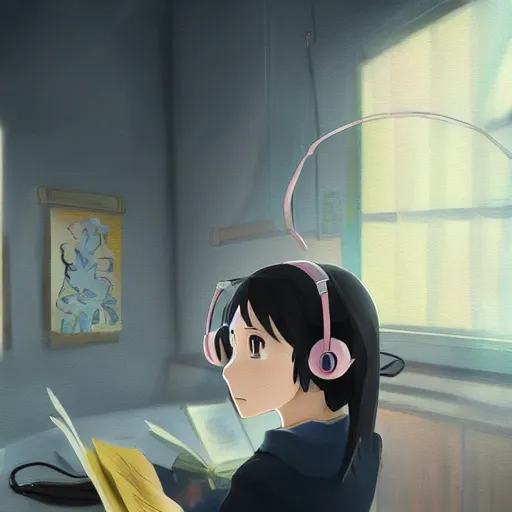 Image similar to Anime painting of a black haired girl wearing headphones while studying in her warm cozy home, by makoto shinkai, relaxed, calm, atmospheric, peacefull, trending on artstation, kimi no na wa