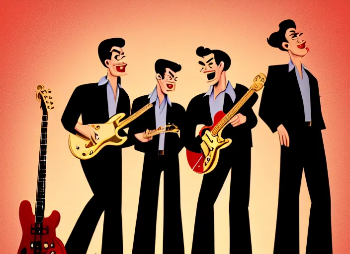 Image similar to rockabilly band 1950s, high detail, golden hour, 8K, by hanna barbera
