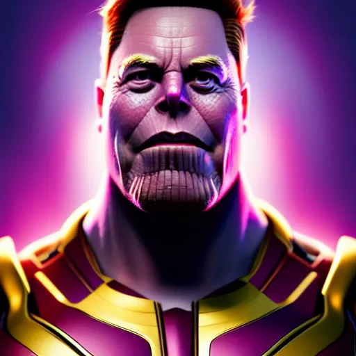 Prompt: a portrait of elon musk as thanos, the pixar adaptation, with same hairstyle, full body shot, hyper detailed, digital art, trending in artstation, cinematic lighting, studio quality, smooth render, unreal engine 5 rendered, octane rendered