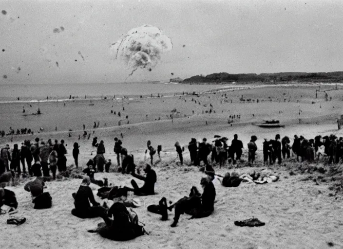 Image similar to vintage photo of a pizza party on omaha beach in normandy with explosions in the background