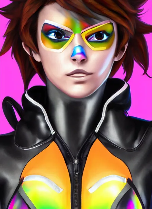 Image similar to portrait bust digital artwork of tracer overwatch, wearing iridescent rainbow latex and leather straps catsuit outfit, expressive face, makeup, in style of mark arian, angel wings, wearing detailed leather collar, chains, black leather harness, detailed face and eyes,