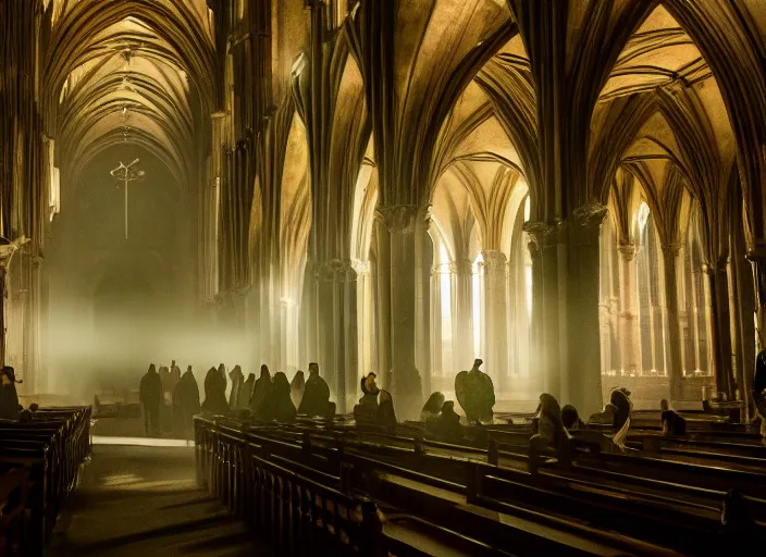 Prompt: cinematic shot inside an cathedral, ambient green light, medium fog, shadowy figures performing a ritual, eerie