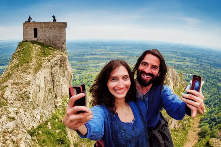 Prompt: selfie from a mobile phone of happy jesus and happy mary magdalene standing on a cliff looking over a beautiful landscape in france, in love, rennes - le - chateau, award winning photo, wide angle lens, very detailed, photorealistic