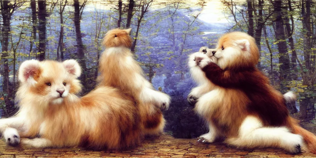 Image similar to 3 d precious moments plush animal, realistic fur, landscape, < muted blue, peach, gray, brown, purple color scheme >, master painter and art style of john william waterhouse and caspar david friedrich and philipp otto runge