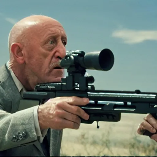 Image similar to A film still of Mike Ehrmantraut aiming a !!!sniper rifle!!!, 4k, !!highly detailed!!