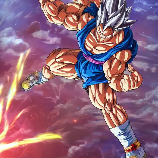 Image similar to muscular anime man powers up going super saiyan in the hyperbolic time chamber, ultrafine hyperrealistic detailed face illustration by kim jung gi, irakli nadar, intricate linework, sharp focus, bright colors, matte, octopath traveler, final fantasy, unreal engine highly rendered, global illumination, radiant light, intricate rainbow environment