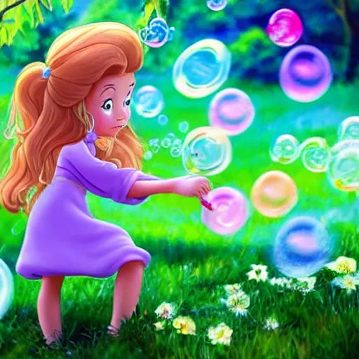 Image similar to a little girl in a beautiful garden blowing bubbles in a still from a disney movie. beautiful disney cartoon character art, high quality, detailed face