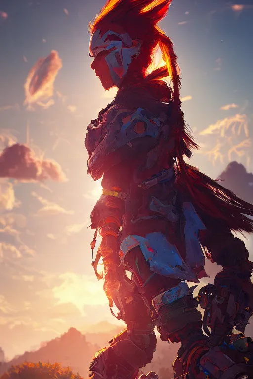 Image similar to combination suit armor aloy horizon forbidden west horizon zero dawn radiating a glowing aura global illumination ray tracing hdr fanart arstation by ian pesty and alena aenami artworks in 4 k tribal robot ninja mask helmet backpack