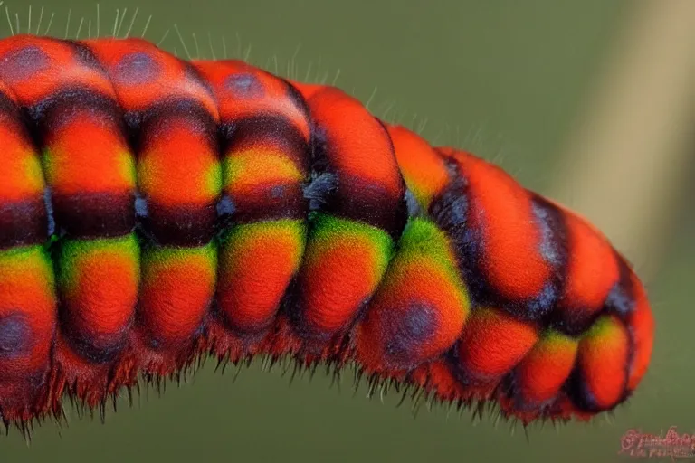 Image similar to hickory horned devil ( regal moth ) caterpillar award winning nature photography, cgi character design psychedelic colors, fluffy long hair, amazing design