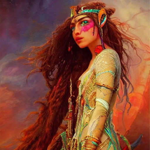 Image similar to artstation, intricate detail, hyper detail, portrait by gaston bussiere, tan skin lady of elche, egyptian sumerian features, techno mystic goddess princess intergalactica inanna with aqua neon rapunzel dreadlocks,