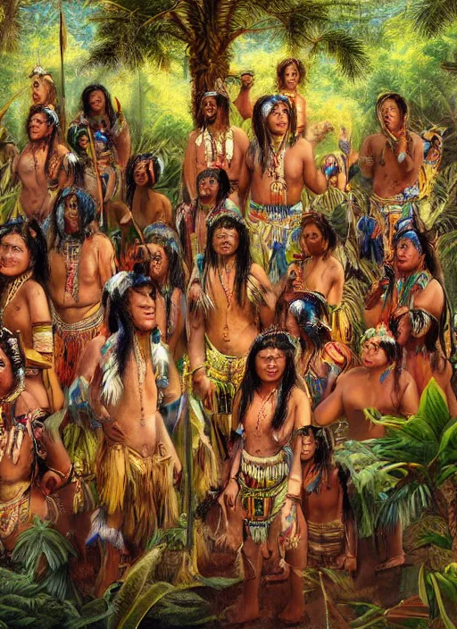 Prompt: a beautiful painting of an indigenous tribe celebrating in the jungle, fantasy art, matte painting, highly detailed