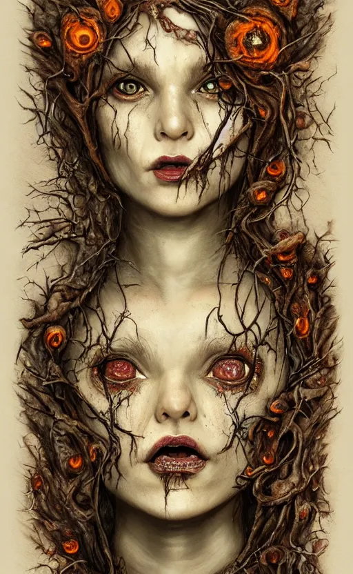 Image similar to portrait of a rotten tree spirit dryad with a beautiful face and flaming mouth and eyes, intricate, headshot, mushrooms, fungi, lichen, sketch lines, graphite texture, old parchment, guillermo del toro concept art, justin gerard monsters, intricate ink illustration, artstation