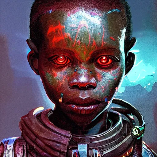 Prompt: a dark and ominous cyborg african child soldier with glowing eyes and facial scarification marks, Apex Legends character digital illustration portrait design, by android jones and greg rutkowski in a cyberpunk voodoo style, retrowave color scheme, detailed, cinematic lighting, wide angle action dynamic portrait