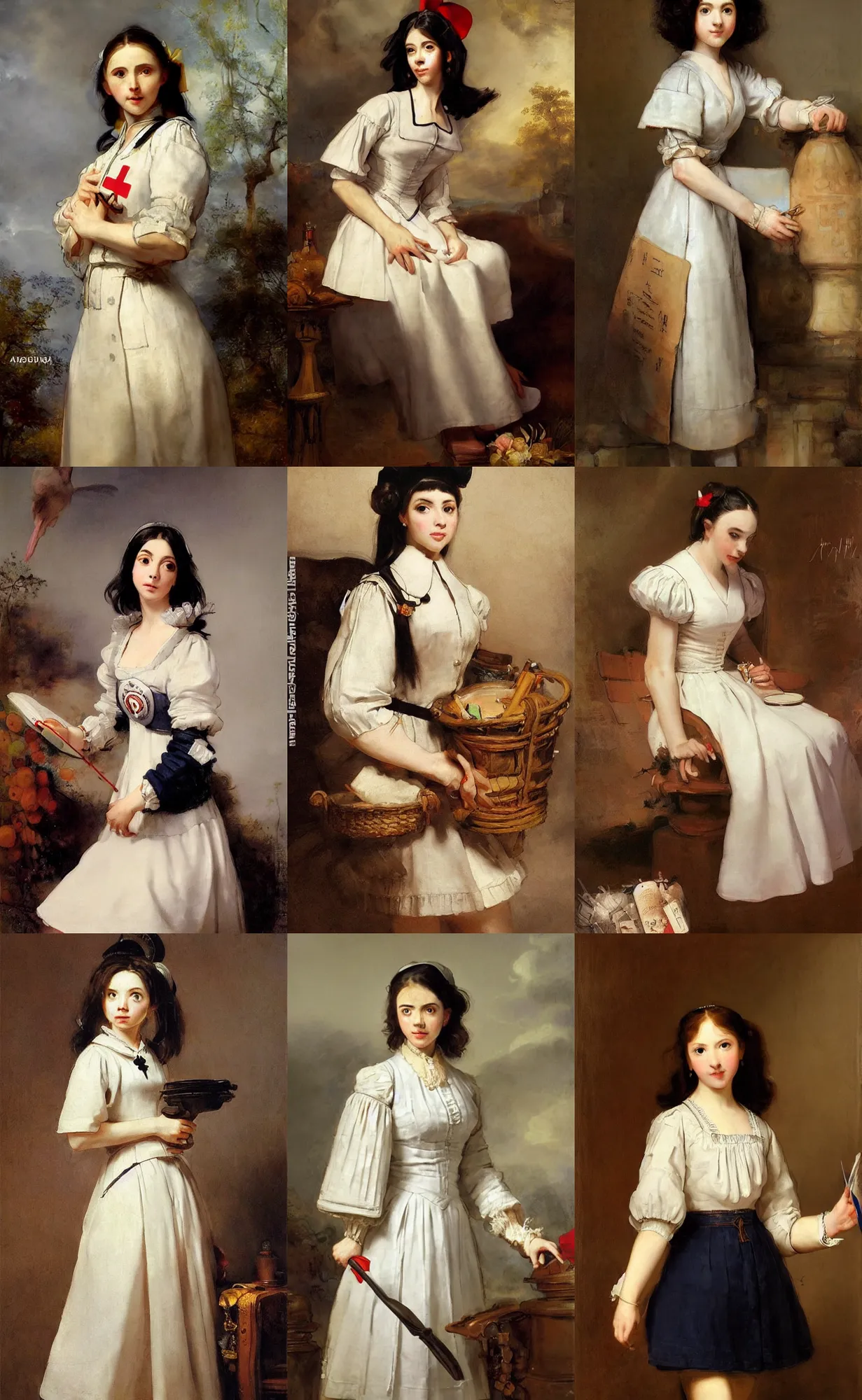 Prompt: nurse girl, nurse uniform, nurse dress, skirt, nursing, white skirt, white blouse, battle angel alita. by rembrandt 1 6 6 7, illustration, by konstantin razumov, by william - adolphe bouguerea